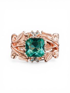 Rose Gold Leaf Band Ring with Emerald Green CZ Center Stone